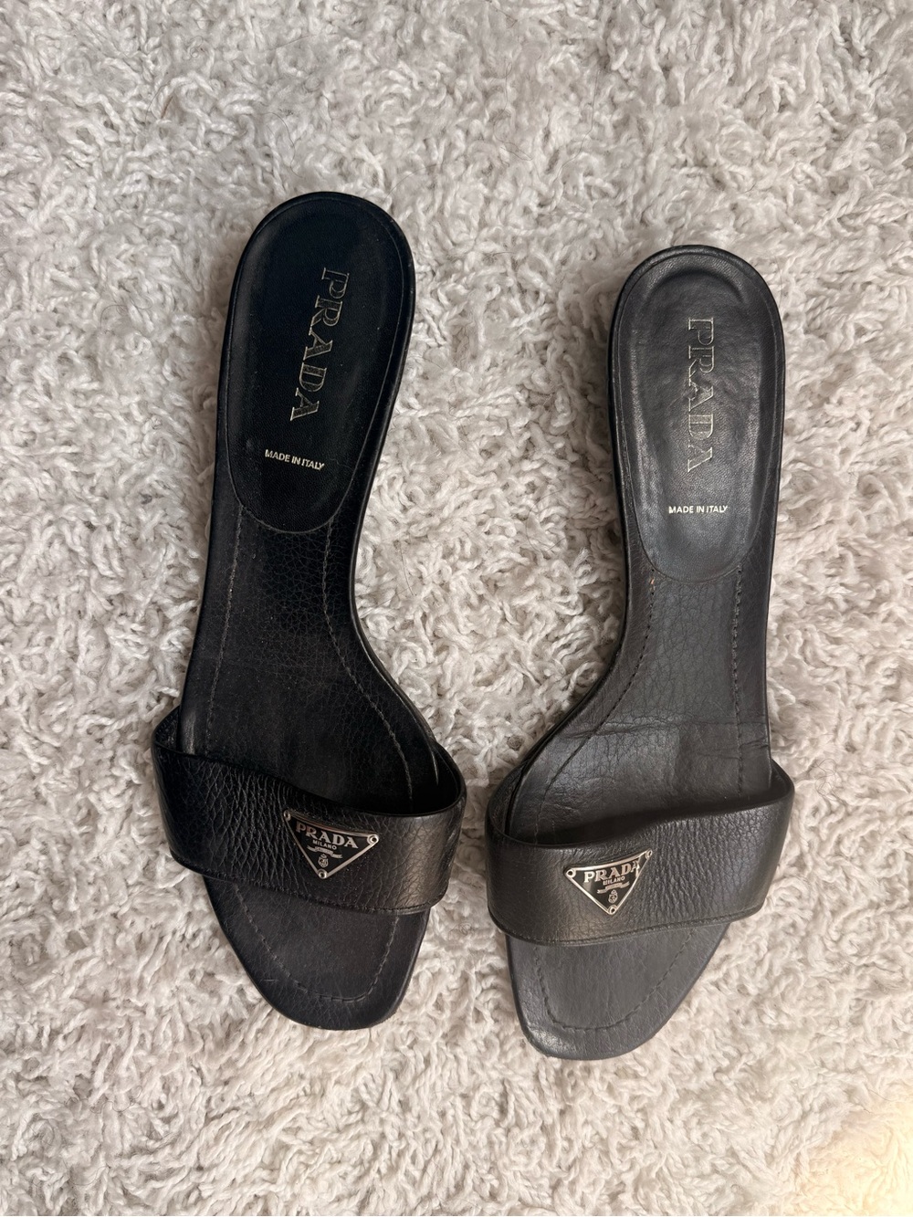 Prada Black Leather Logo Triangle Slide Mules